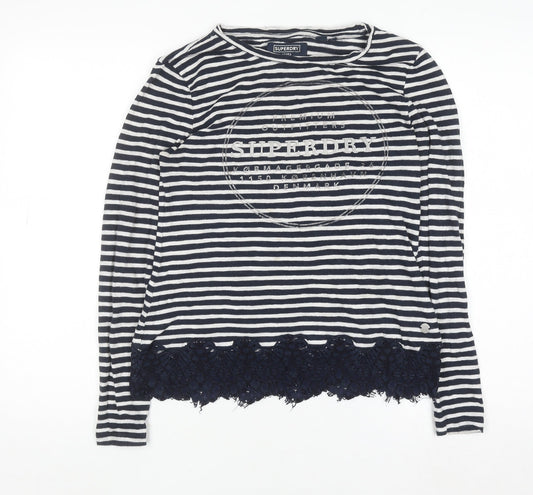 Superdry Women's Blue Striped Lace Hem Long Sleeve T-Shirt Size 10