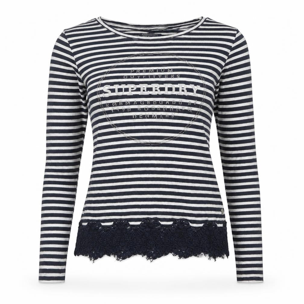 Superdry Women's Blue Striped Lace Hem Long Sleeve T-Shirt Size 10