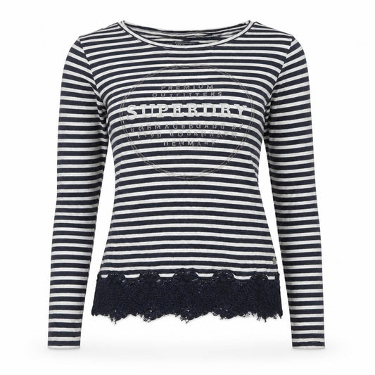 Superdry Women's Blue Striped Lace Hem Long Sleeve T-Shirt Size 10