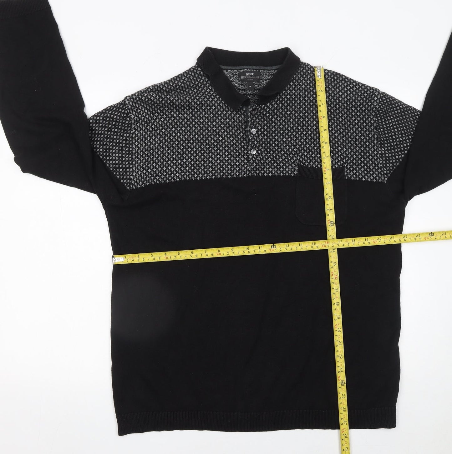 Next Men's Black XL Long Sleeve Geometric Knit Polo Shirt