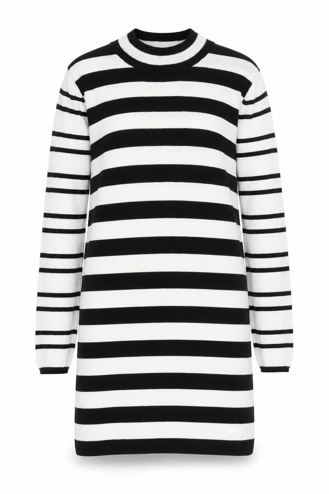 Front view of Only Women’s Black White Striped Knit Sweater Dress, size M