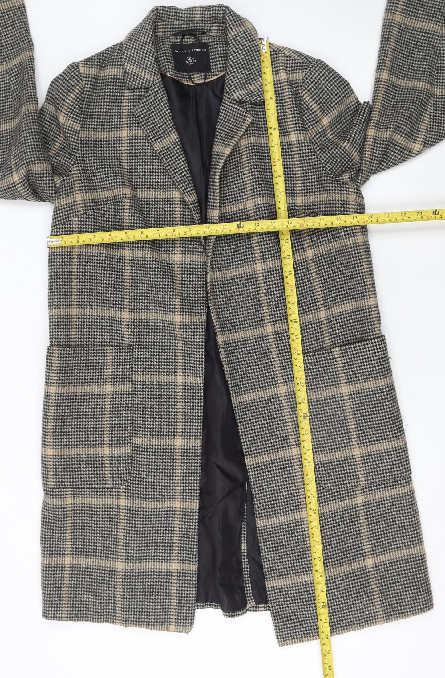 Dorothy Perkins Women’s Beige Check Wool Blend Long Coat Size 12