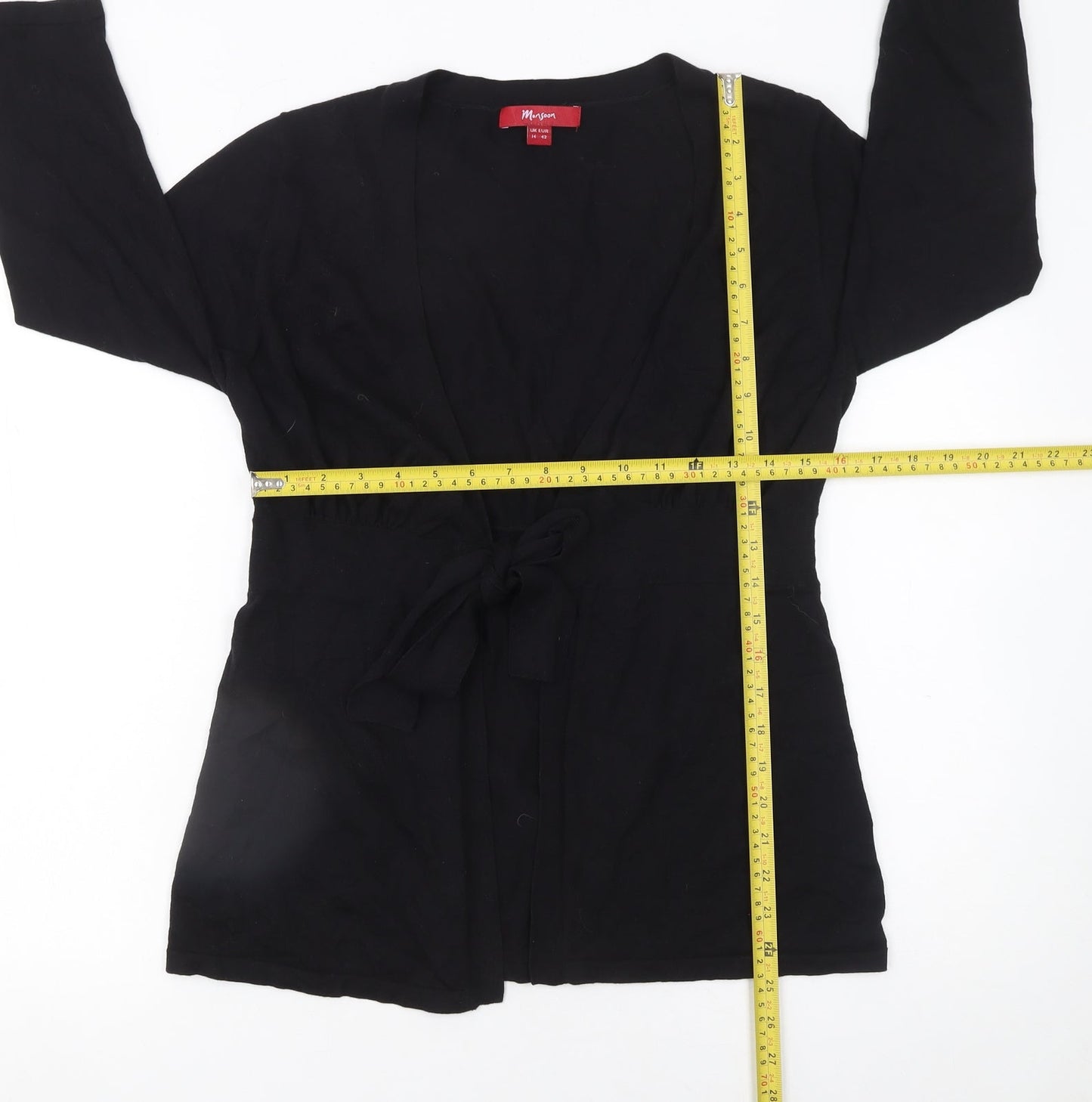 Monsoon Women Black Size 14 Cotton Belted Long Sleeve Cardigan