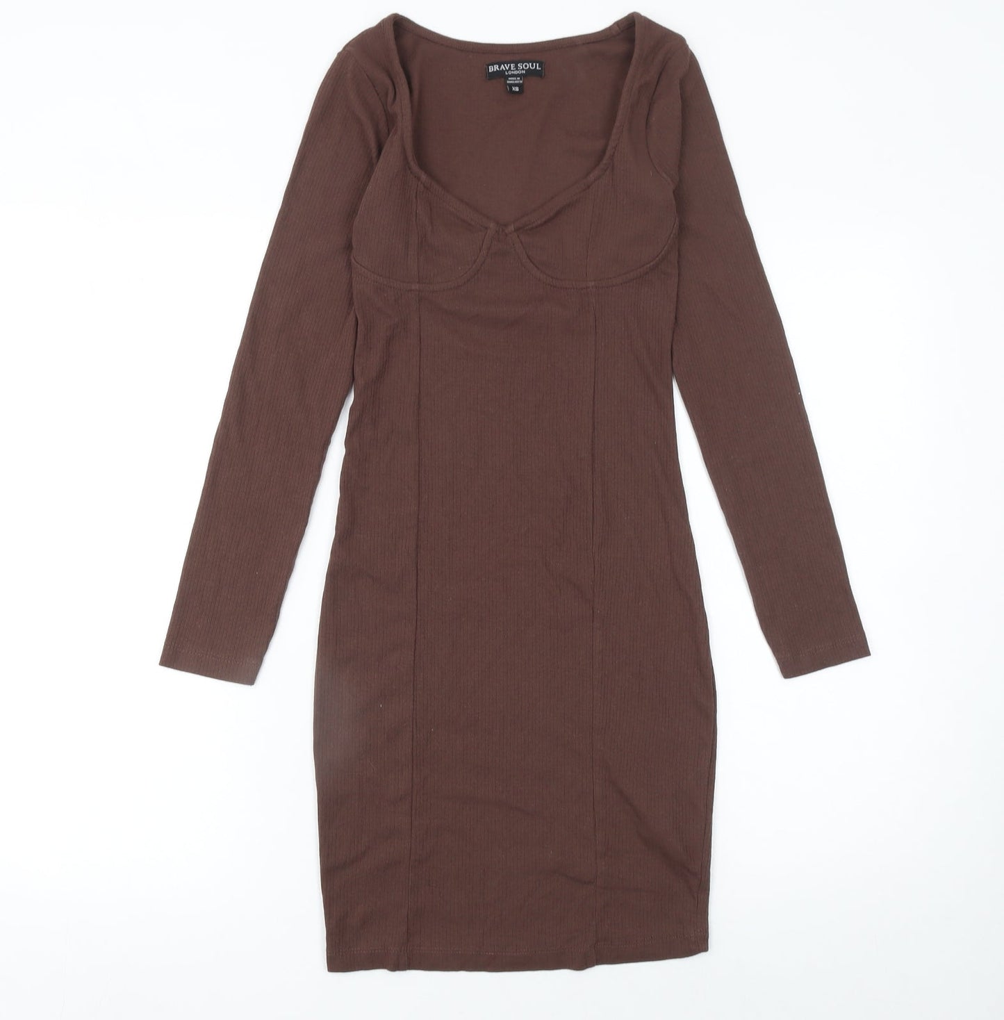 Brave Soul Women's Brown Long Sleeve Bodycon Jersey Dress XS