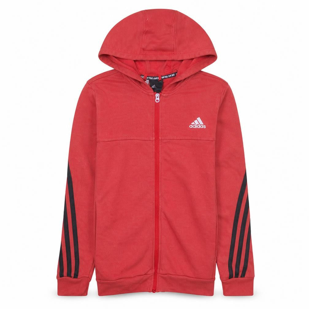 Front view of Adidas boys’ red full zip hoodie 14 years logo sportswear fleece top