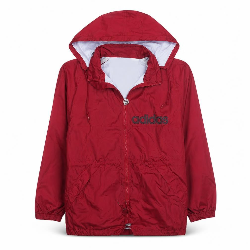 Front view of adidas women’s red windbreaker hooded jacket, size UK 12, lightweight zip