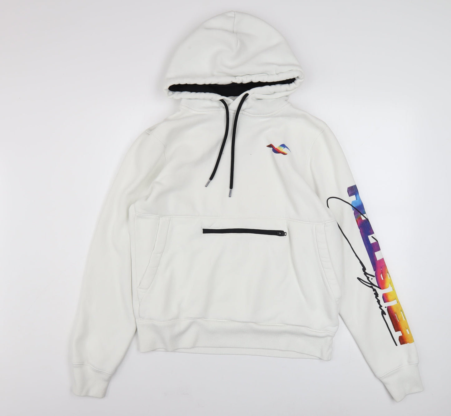 Hollister Men's White Pullover Hoodie M Graphic Logo Fleece