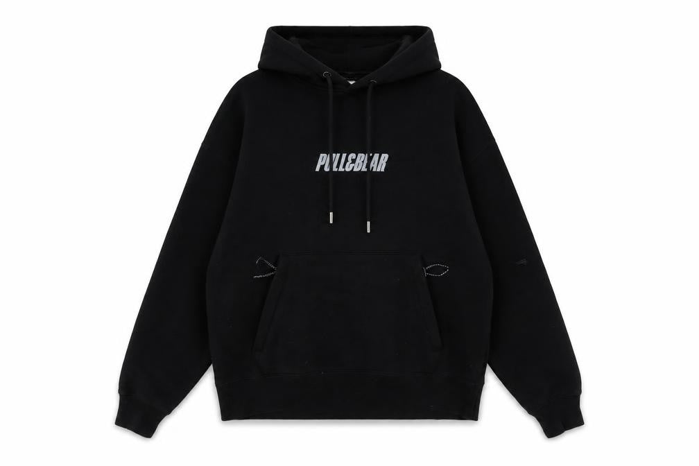 Pull&Bear Men's Black Graphic Logo Pullover Hoodie XS