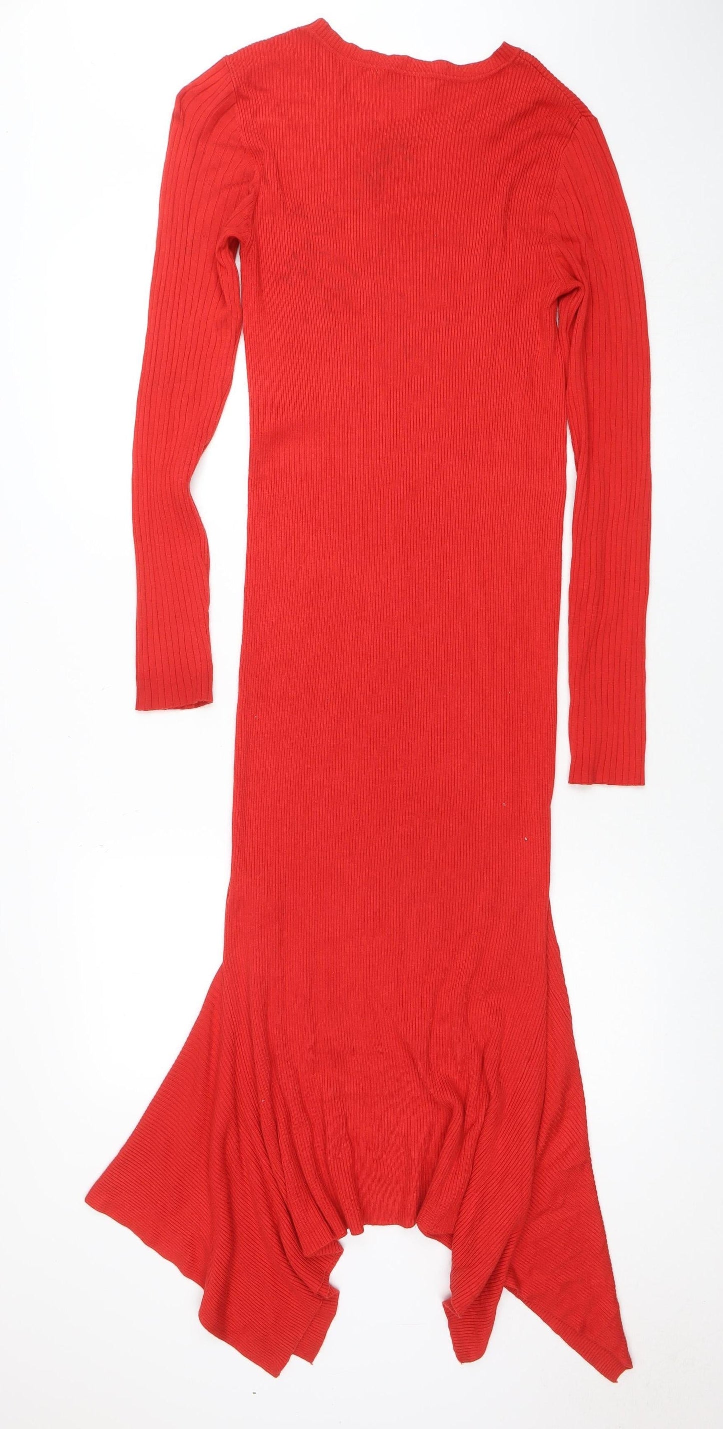 Oasis Women Red Long Sleeve Ribbed Bodycon Midi Dress L