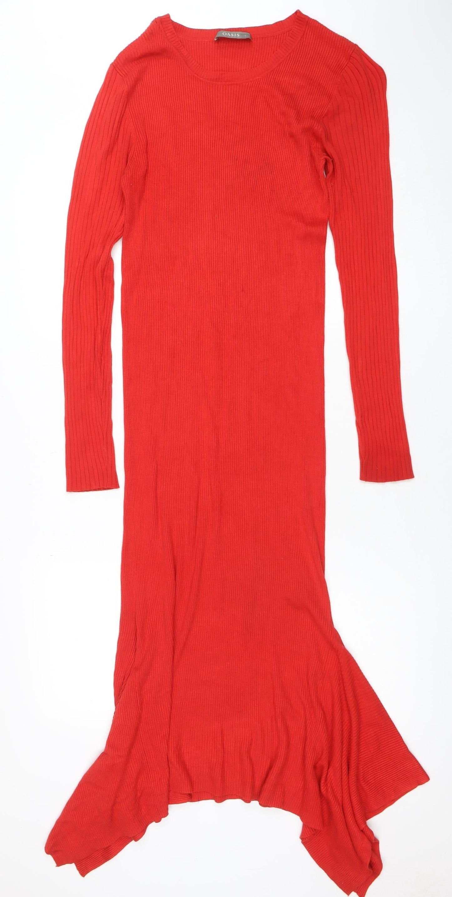 Oasis Women Red Long Sleeve Ribbed Bodycon Midi Dress L