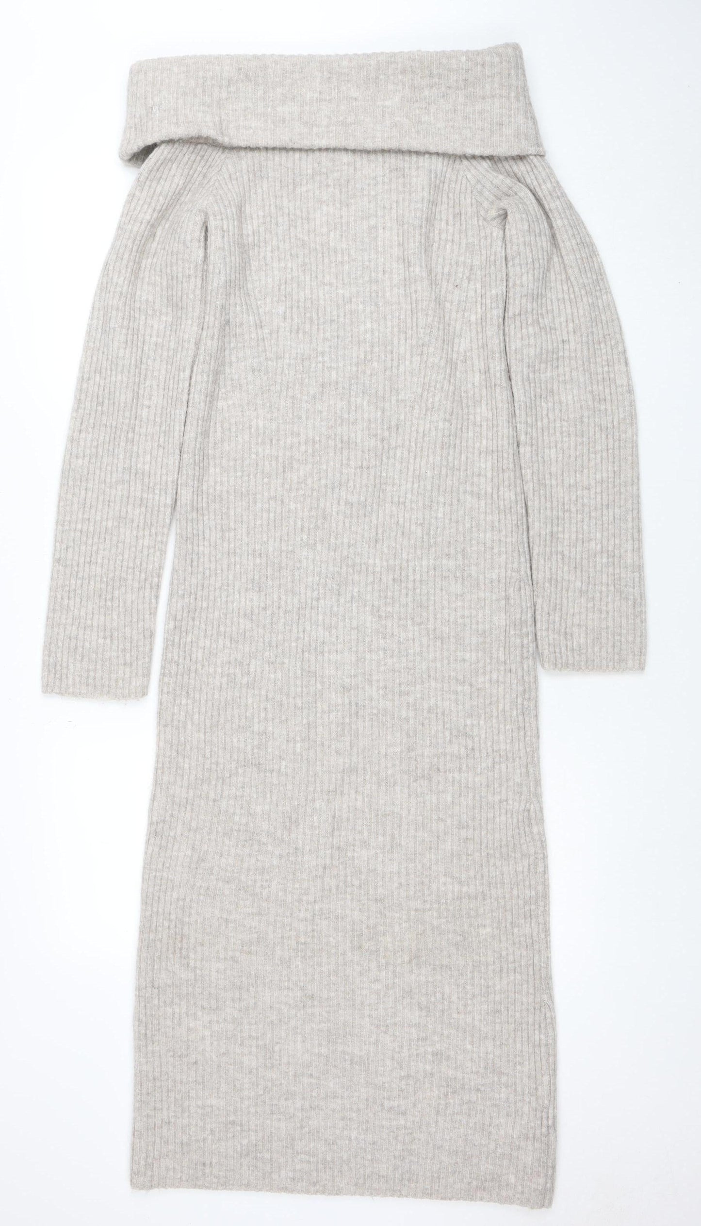 H&M Mama Beige Knit Bodycon Roll Neck Maternity Midi Dress Size 12