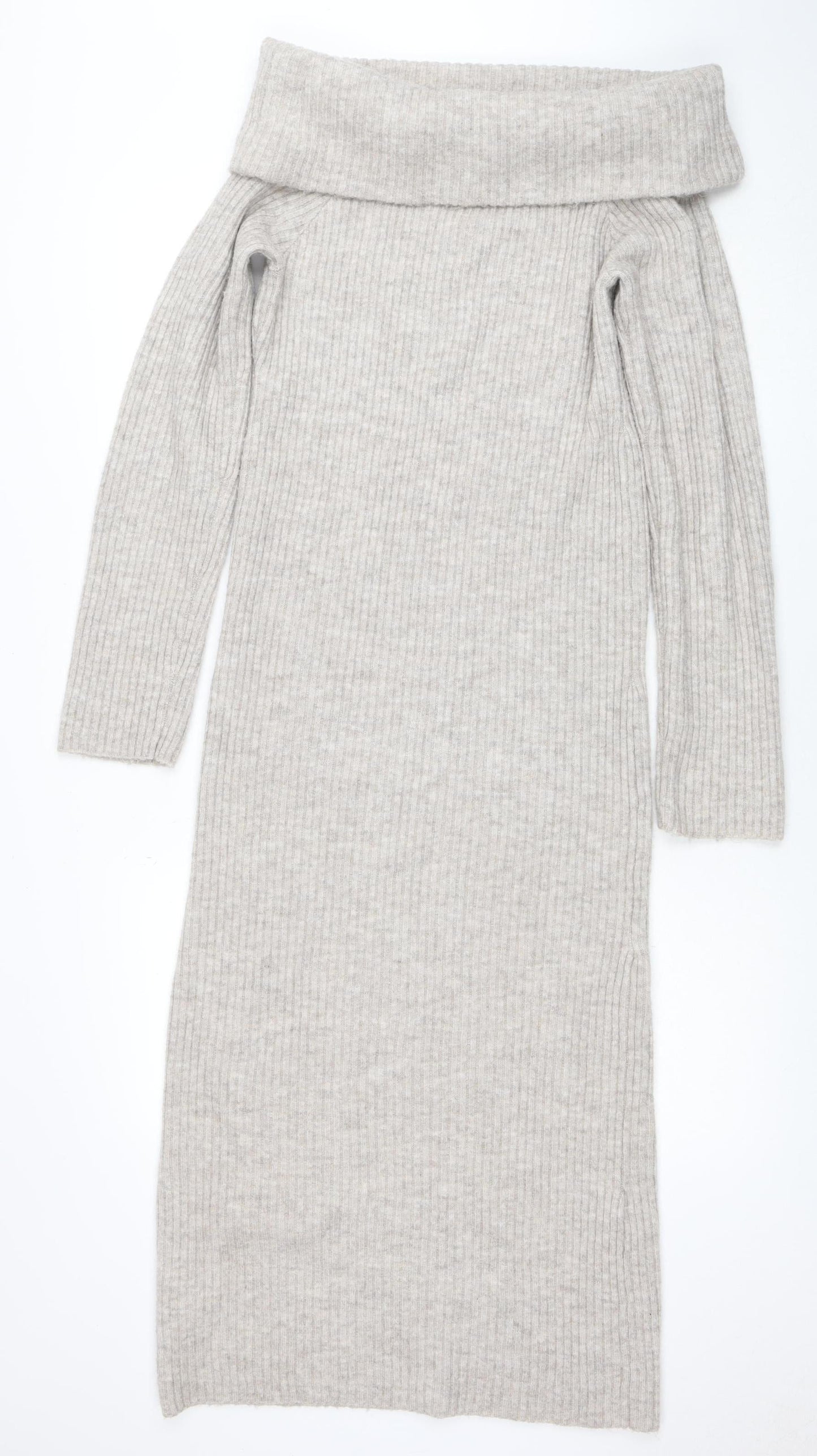 H&M Mama Beige Knit Bodycon Roll Neck Maternity Midi Dress Size 12