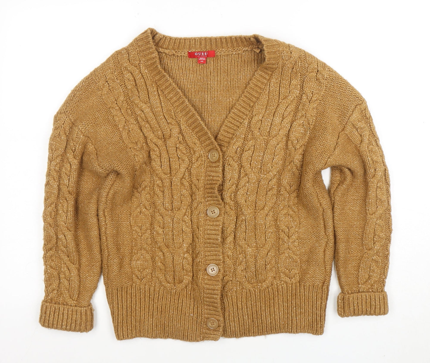 GUESS Women’s Beige Cable-Knit Cardigan XS V-Neck Soft Wool Blend