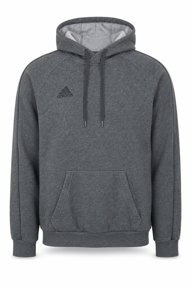 Front view of Adidas men’s grey pullover hoodie, size S, regular fit fleece