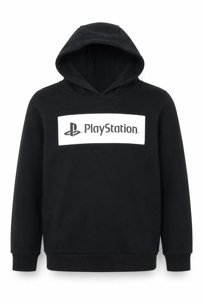 Front view of PlayStation girls’ black pullover hoodie 9-10 years graphic fleece sweatshirt