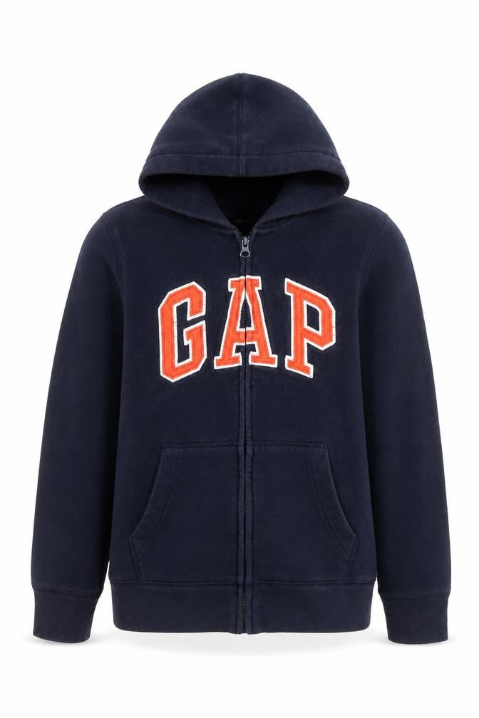 Front view of Gap girls’ blue full zip fleece hoodie 10-11 years embroidered logo