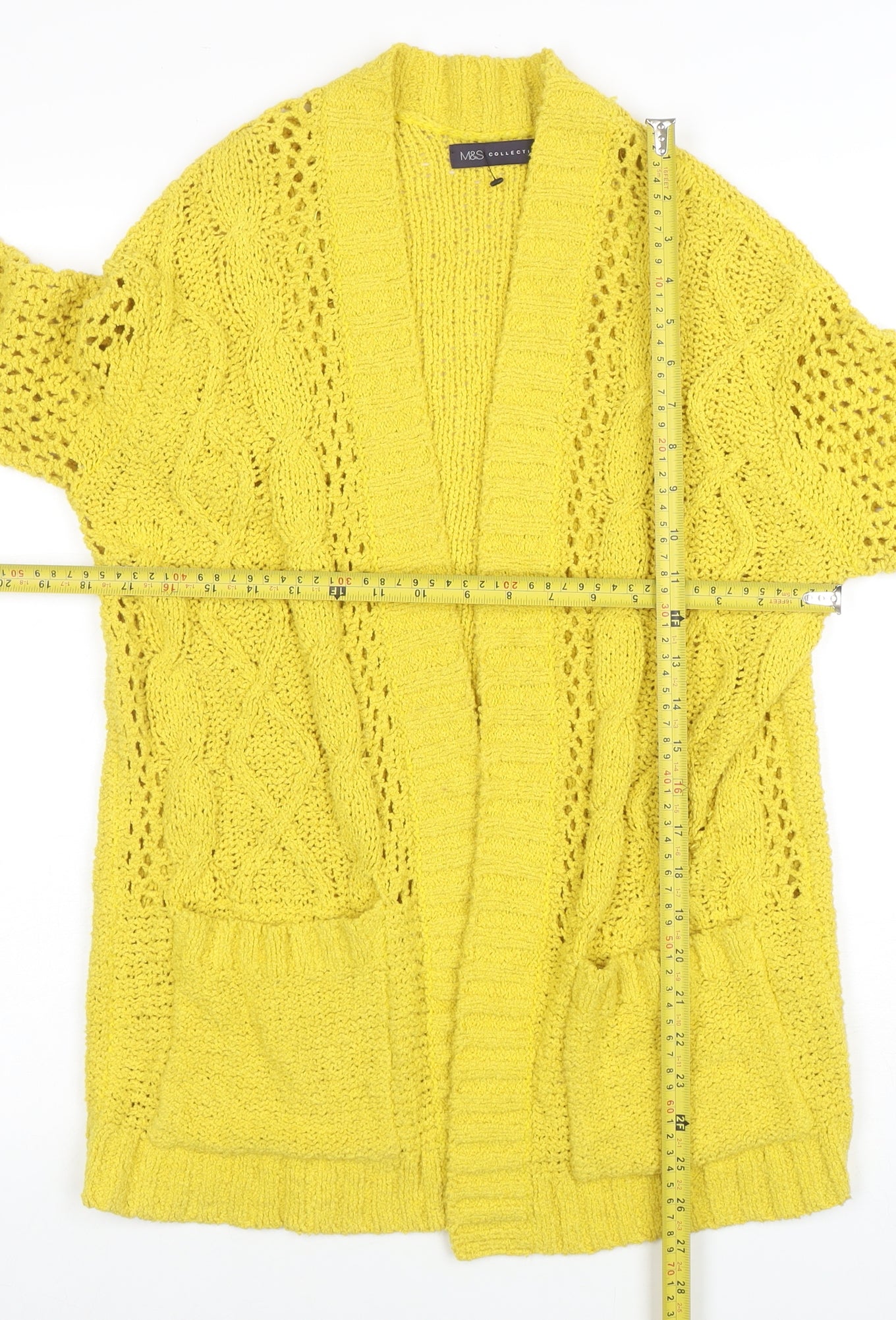 Marks and Spencer Women Yellow Cable Knit Open Cardigan S