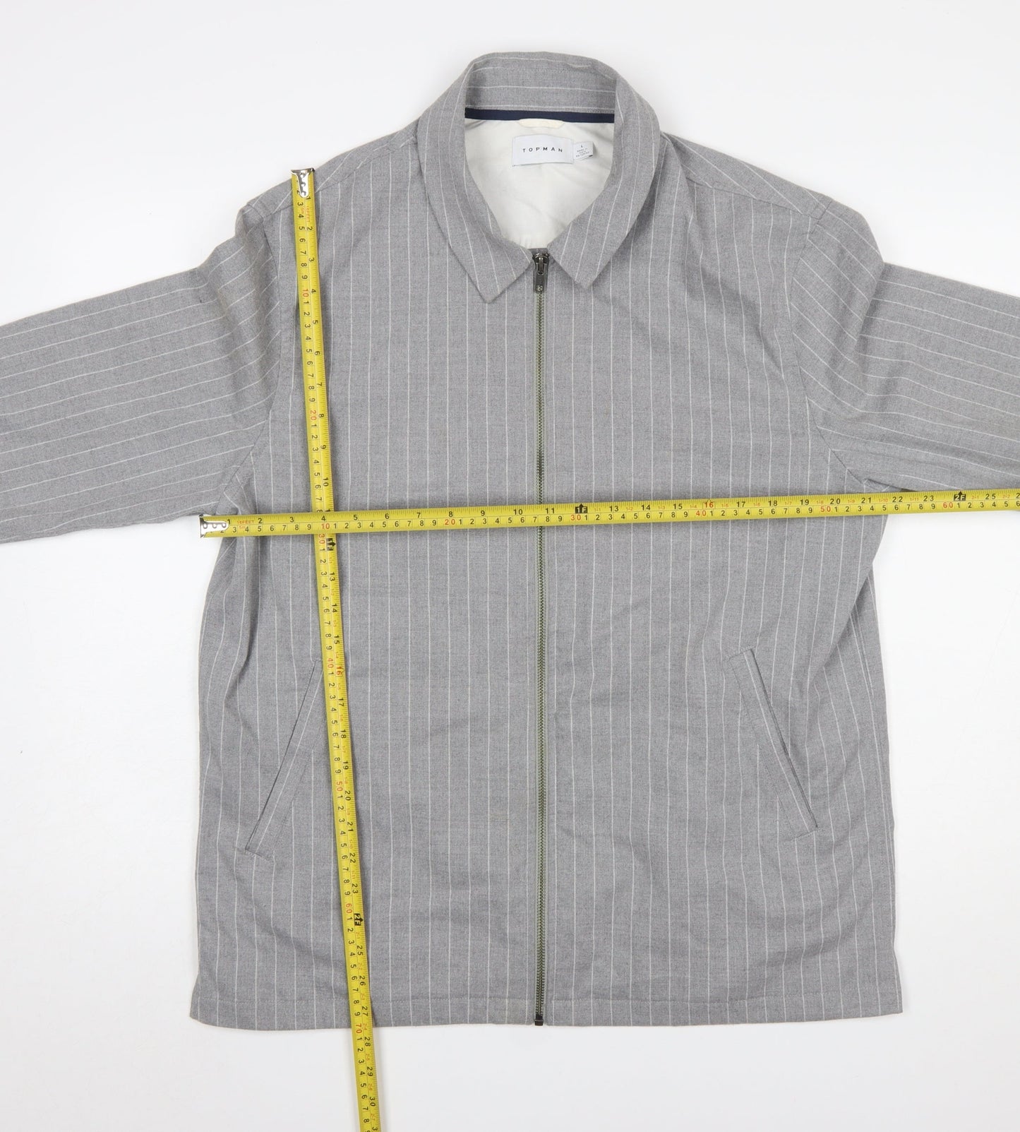 Topman Men's Grey Striped Zip-Up Jacket Size L Casual Twill