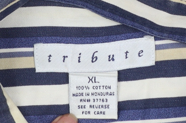 Tribute Men's Blue Striped Cotton Button-Up Shirt XL