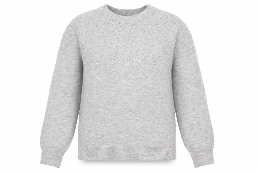 Marks and Spencer Women's Grey Beaded Crew Neck Jumper Size M