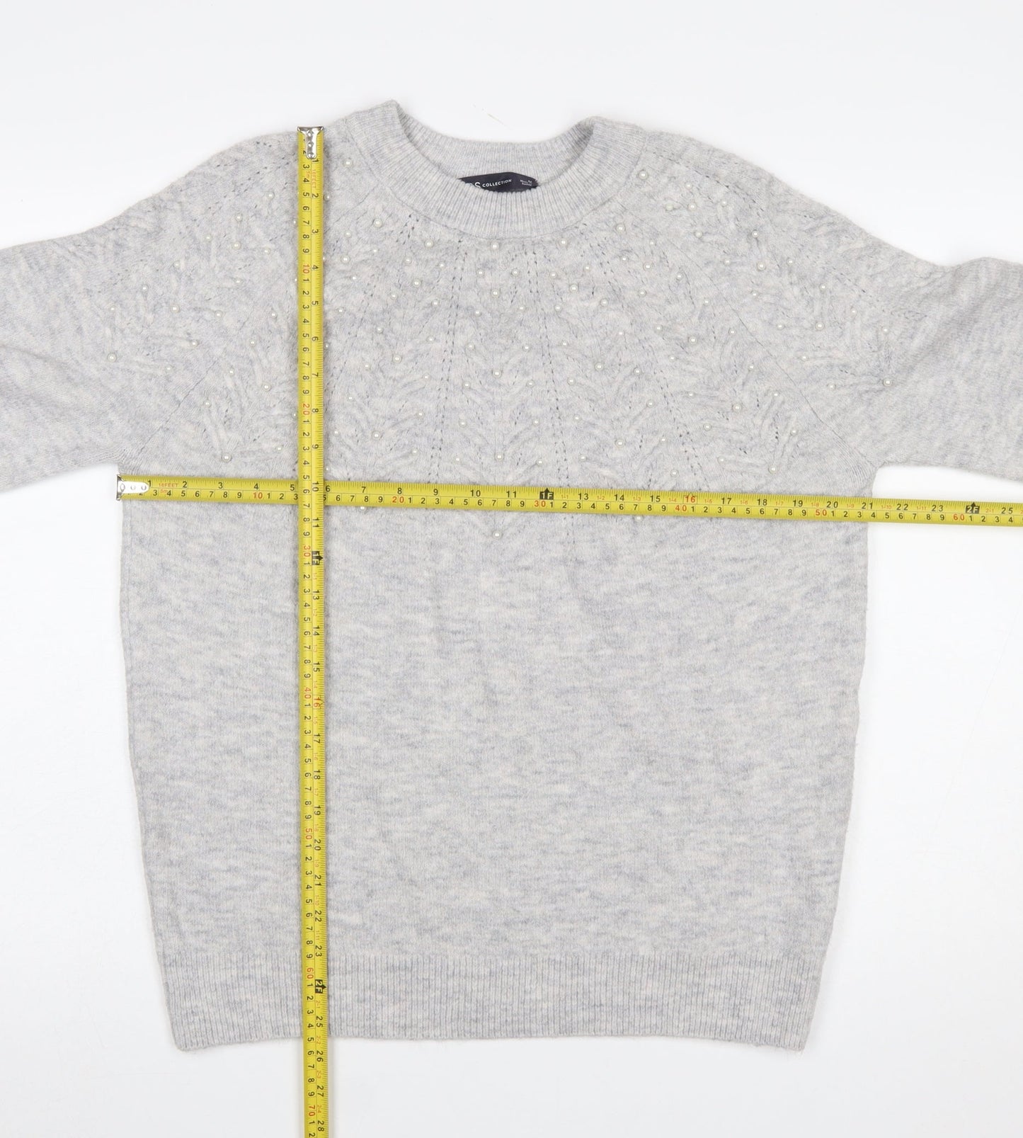 Marks and Spencer Women's Grey Beaded Crew Neck Jumper Size M
