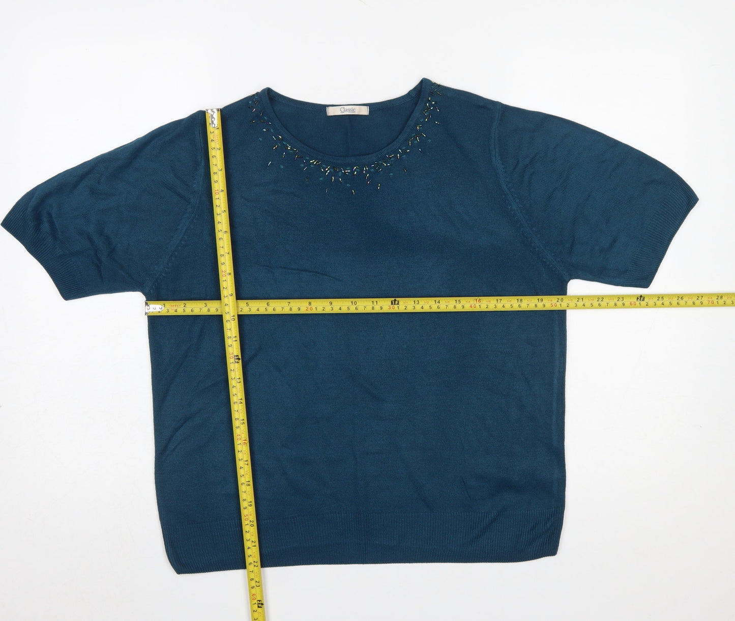 Marks and Spencer Women's Blue Beaded Short Sleeve Pullover Jumper Size 18