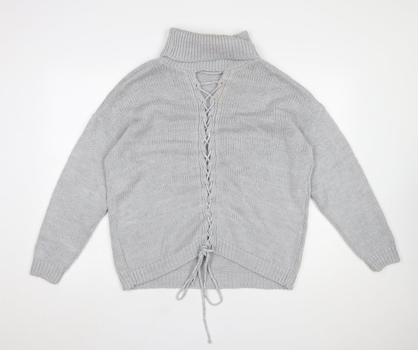 HOT!MESS Women Grey Roll Neck Lace-Up Knit Jumper One Size Acrylic Blend