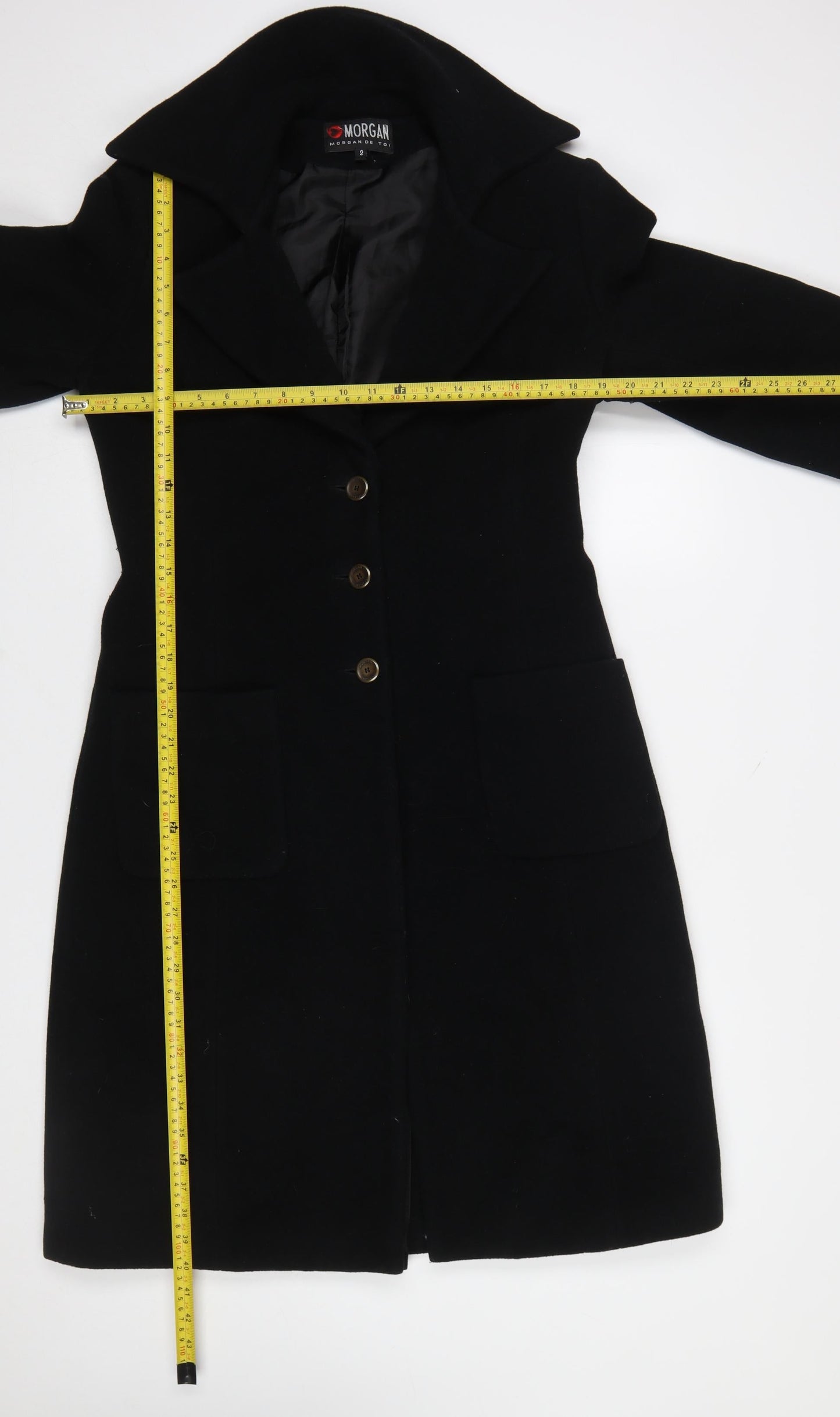 Morgan de Toi Women's Black Wool Long Coat Size 10 Classic Overcoat