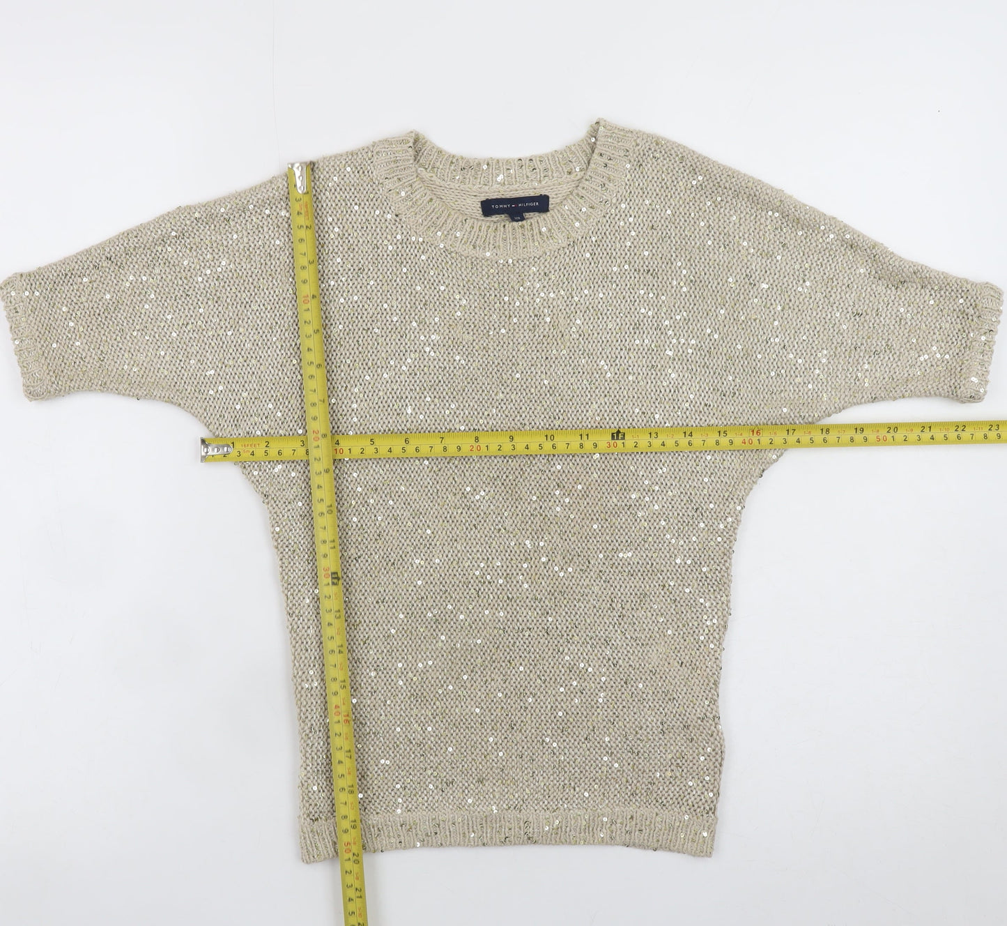 Tommy Hilfiger Teens Beige Sequin Knit Cropped Blouse Size 8