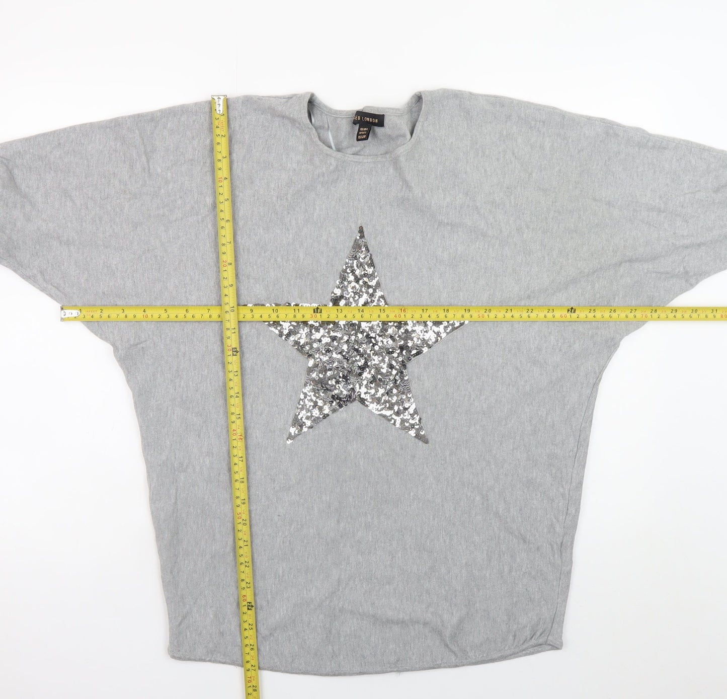 QED London Women's Grey Sequin Star Jumper M/L Relaxed Fit Knitwear