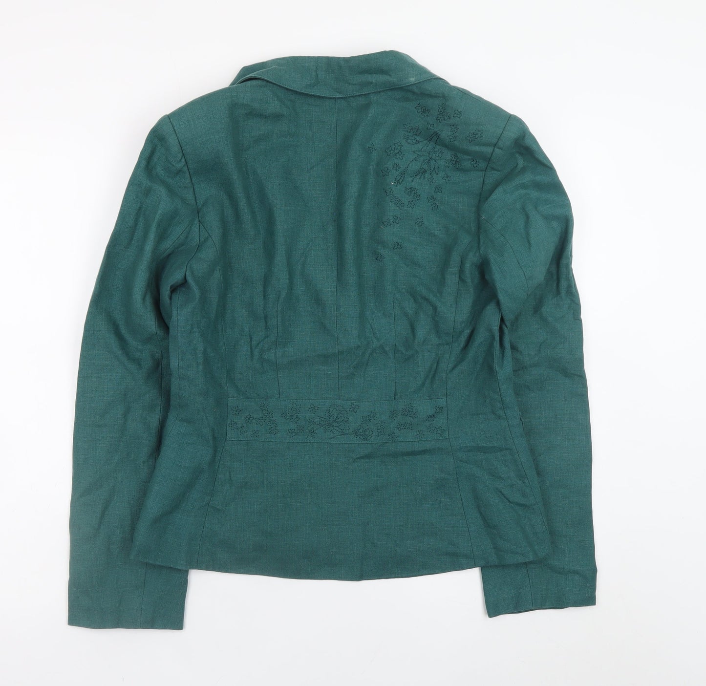 Laura Ashley Women's Green Linen Blazer UK 12 Single-Breasted Embroidered