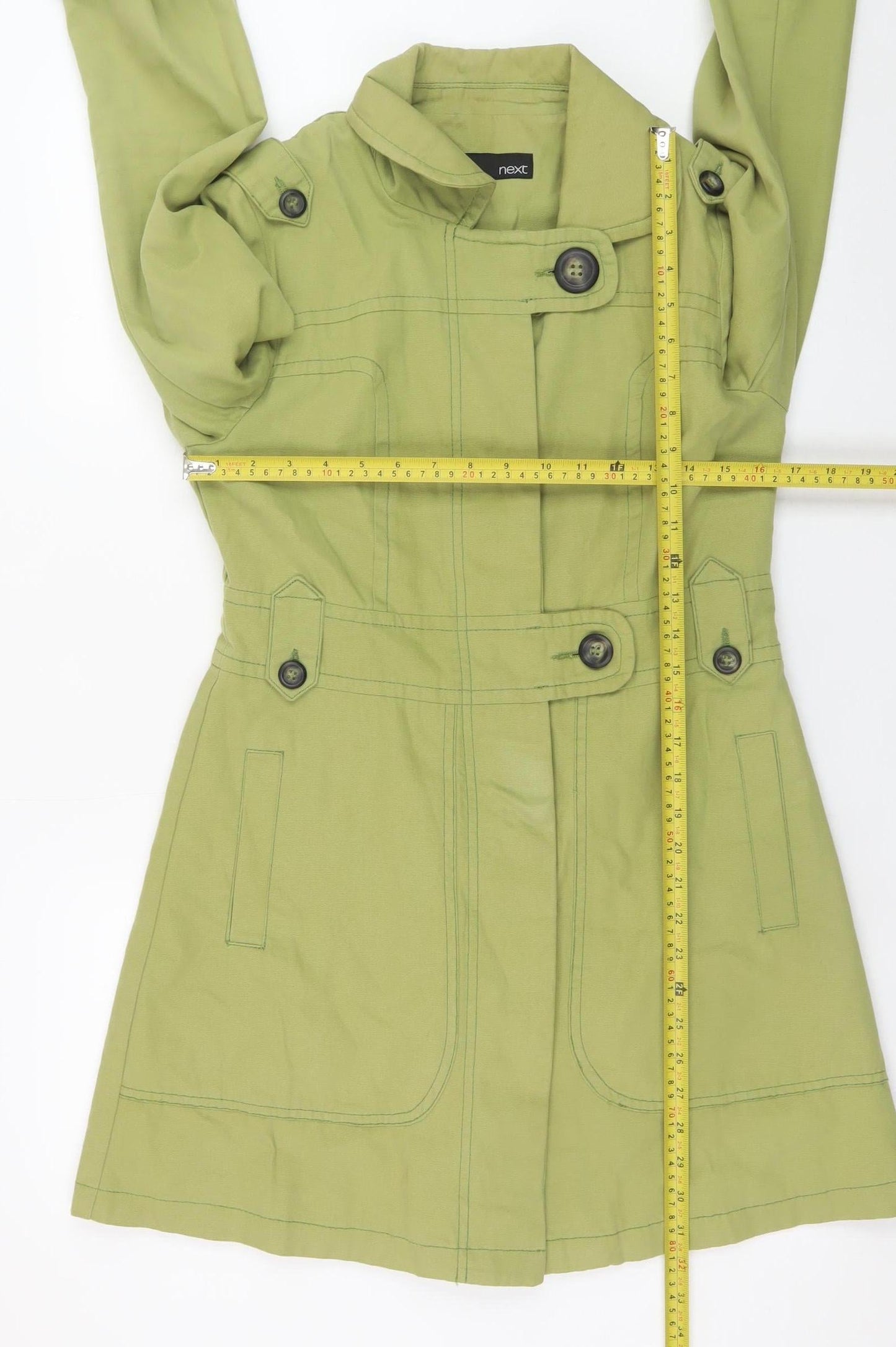 Next Women's Green Cotton Trench Coat Size 10 Belted Mid-Length