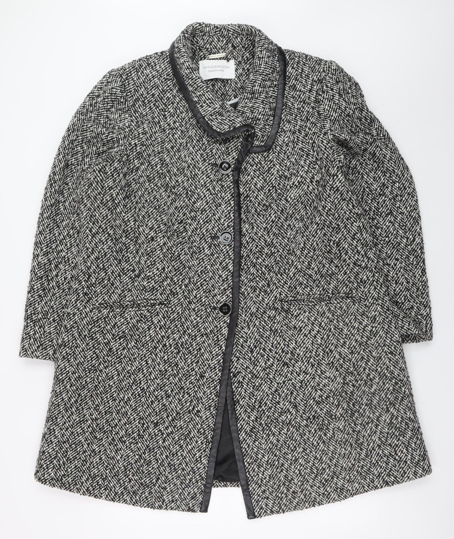 Windsmoor Women's Black Herringbone Wool Blend Mid-Length Overcoat Size 18