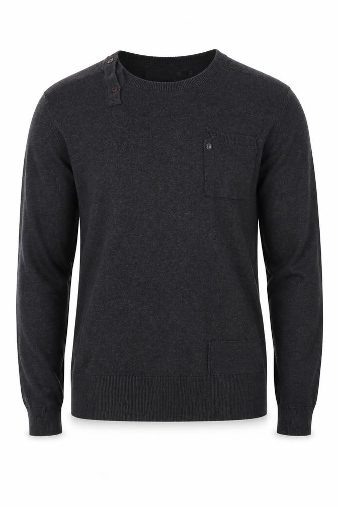 Fly53 Men Black Cotton Crew Neck Button Pullover Jumper M