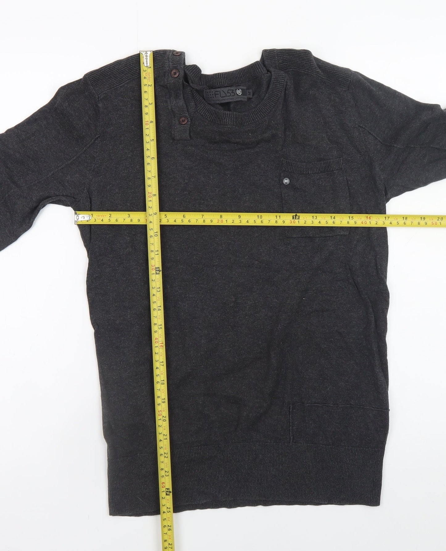 Fly53 Men Black Cotton Crew Neck Button Pullover Jumper M