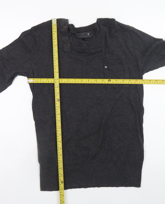 Fly53 Men Black Cotton Crew Neck Button Pullover Jumper M