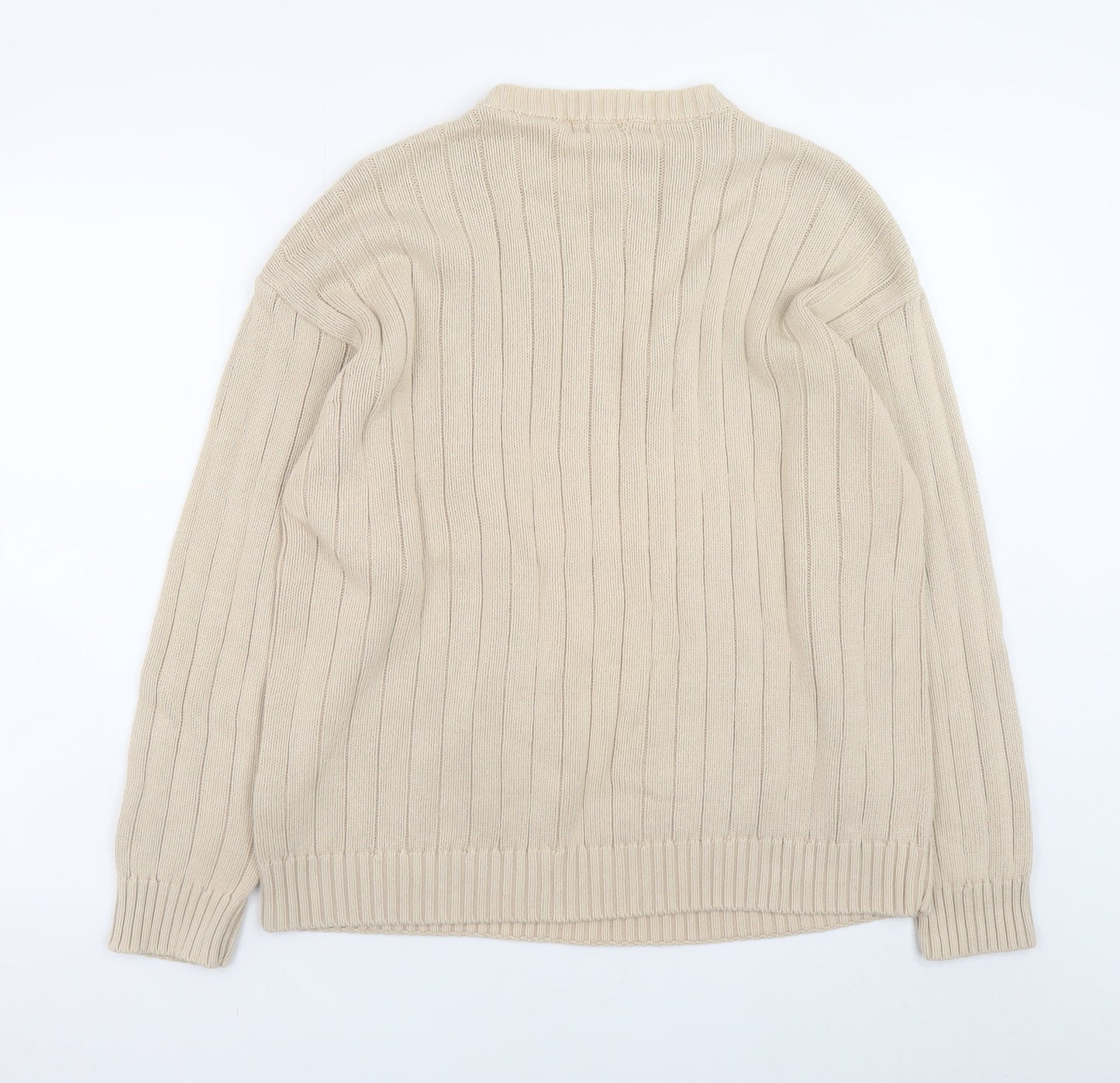 Cottonloom Men Beige Rib Knit Cotton Pullover Jumper L