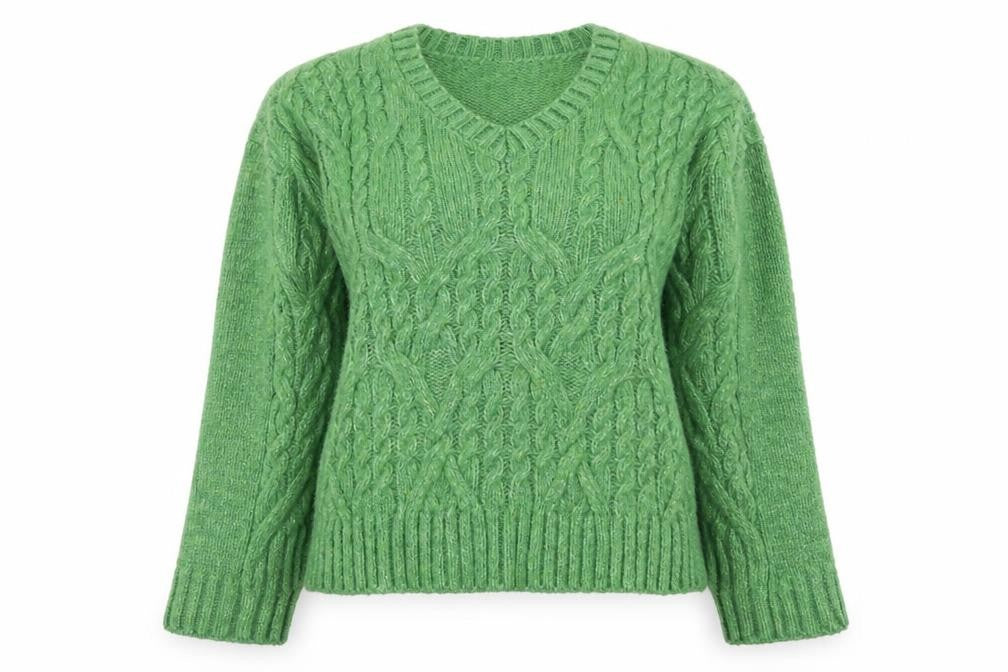 Marks and Spencer Women's Green Cable-Knit V-Neck Jumper Size M
