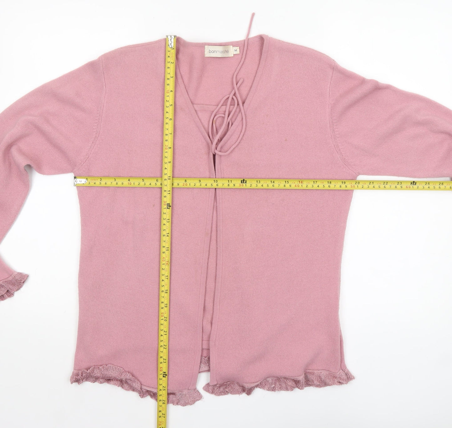 Bonmarche Womens Pink V-Neck Ruffle Hem Acrylic Cardigan M