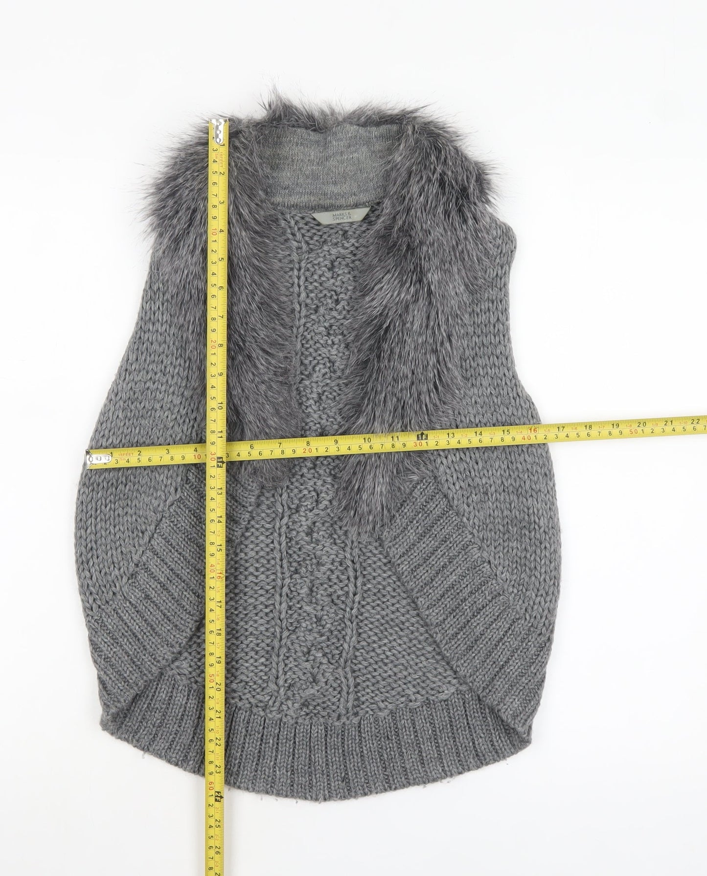 Marks and Spencer Womens Grey Fur Trim Chunky Knit Vest M