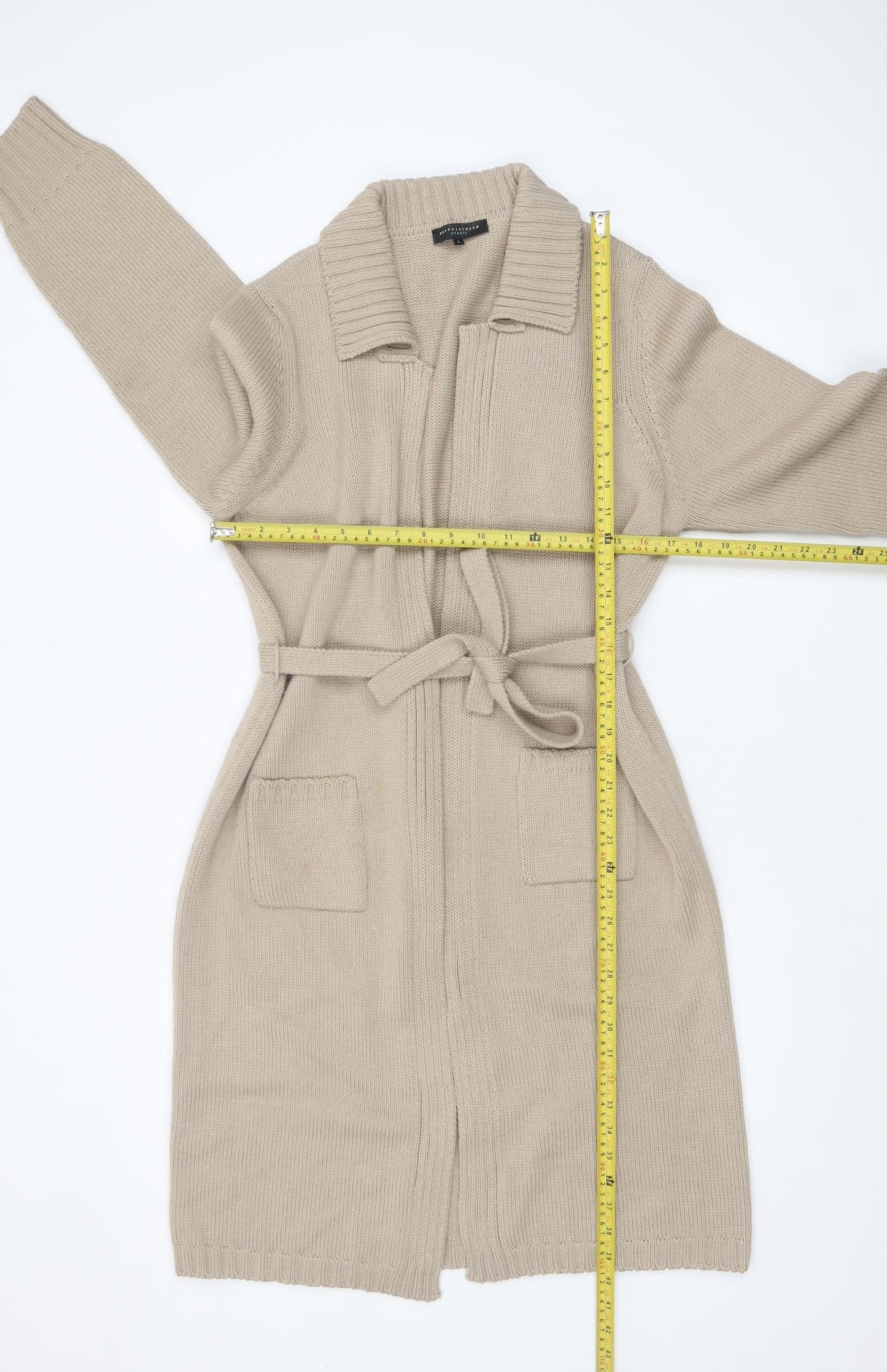 Betty Jackson Studio Women Beige Collared Long Cardigan L Wool Blend