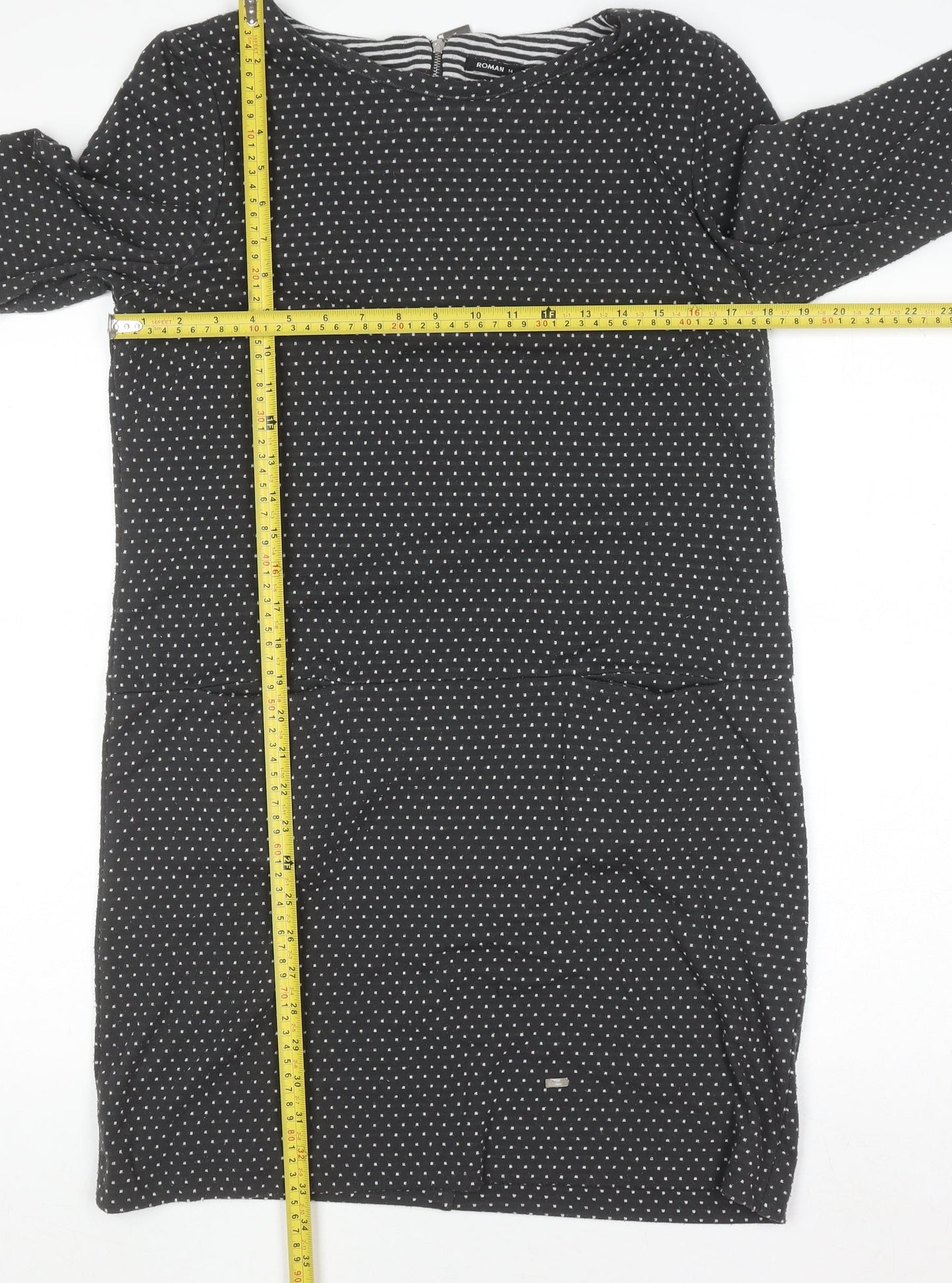 Roman Women’s Black Polka Dot Shift Dress Size 14 3/4 Sleeve Zip Back