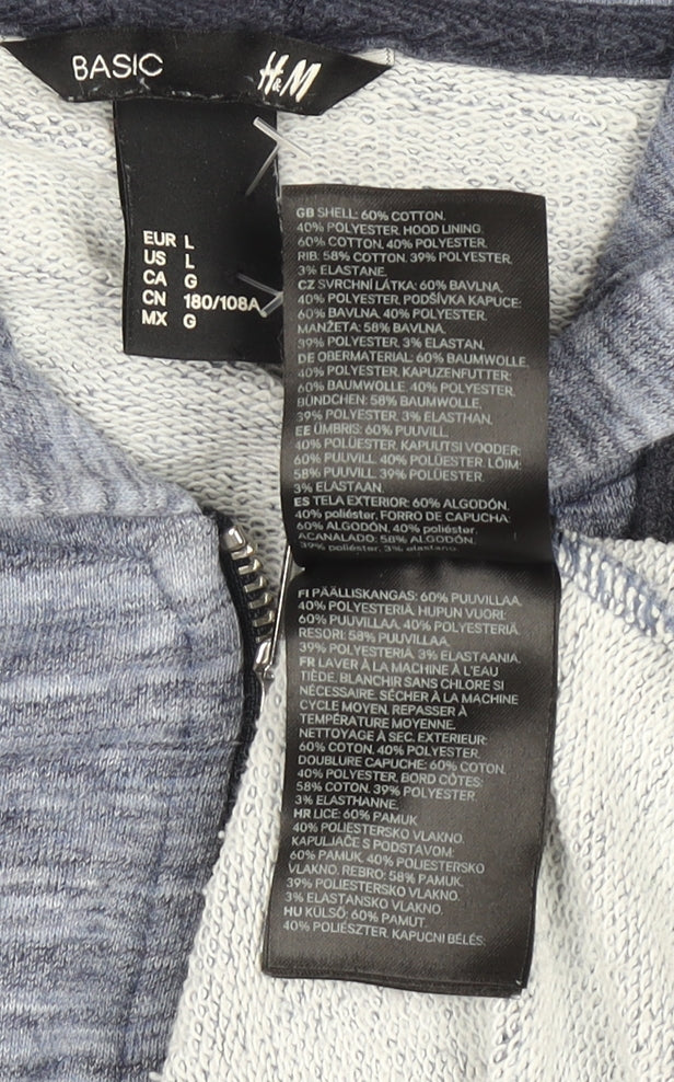 H&M Men Blue Full Zip Hoodie L Cotton Blend Casual Sweatshirt