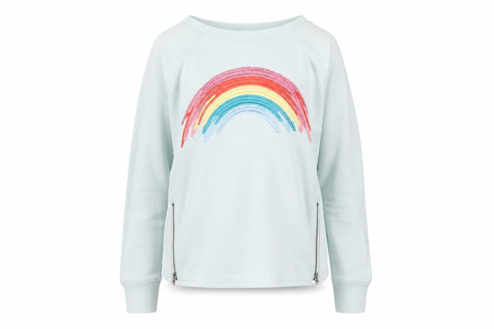 Front view of Gap Kids girls’ blue rainbow sweatshirt xl 12-13 years cotton blend zip detail