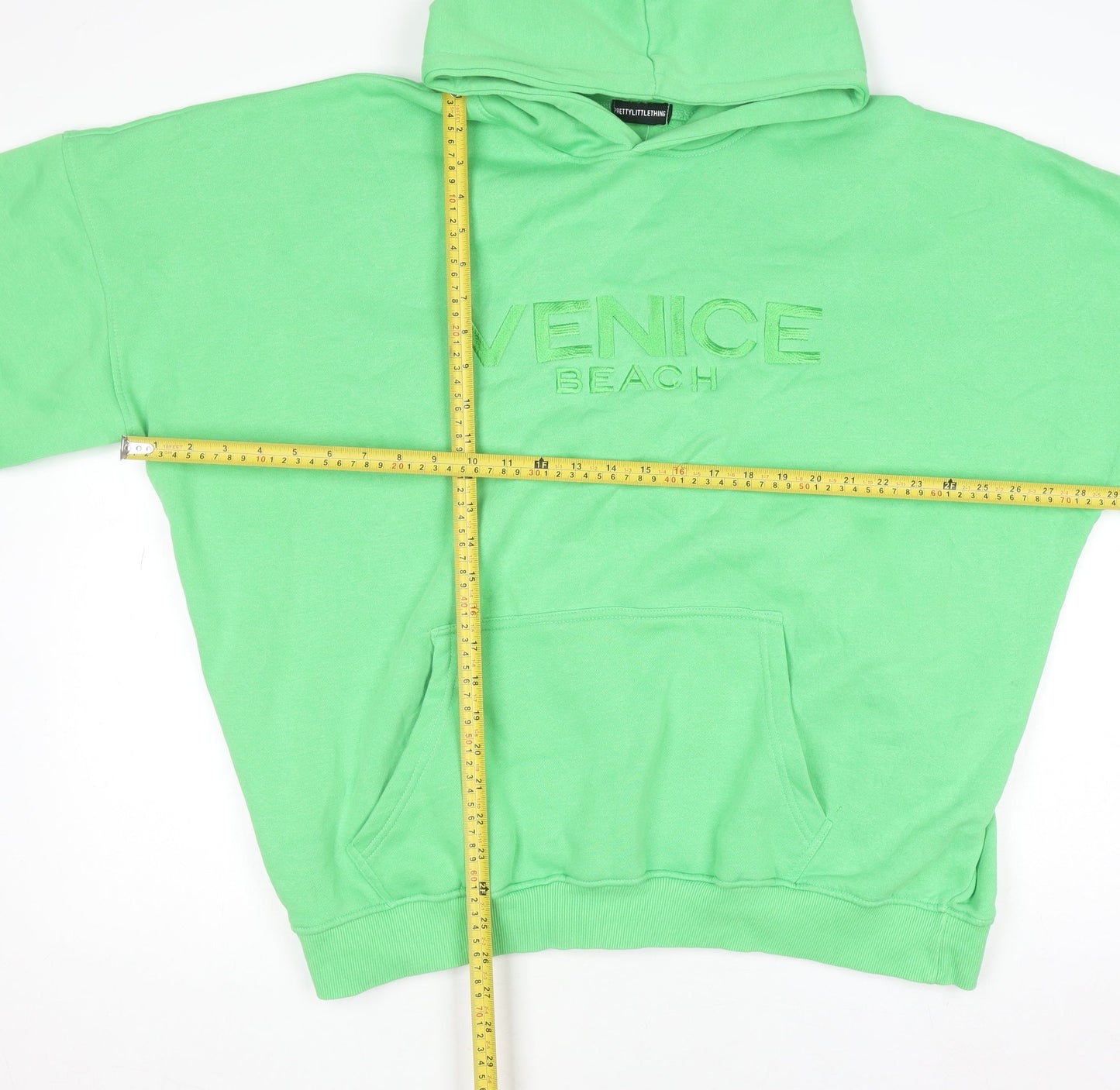 PrettyLittleThing Unisex Green Pullover Hoodie L Relaxed Fit Embroidered
