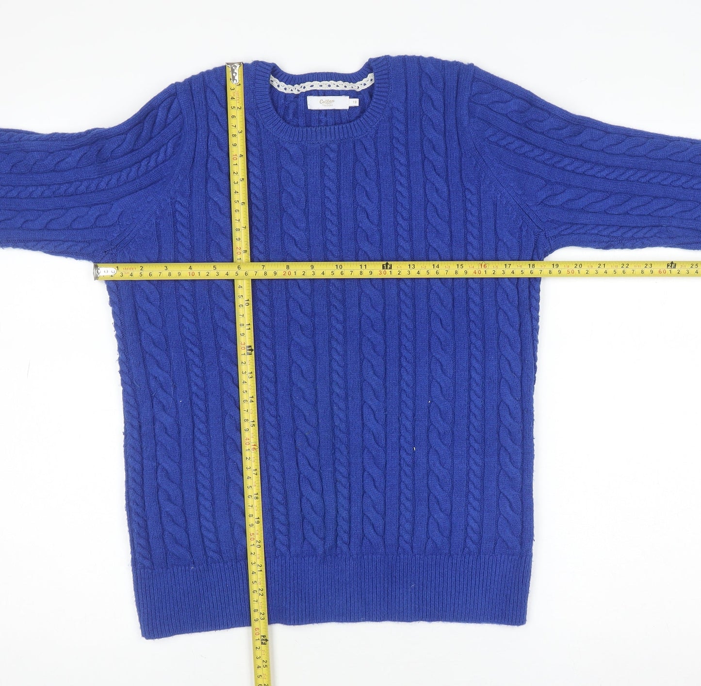 Cotton Traders Women's Blue Cable-Knit Crew Neck Jumper Size 12