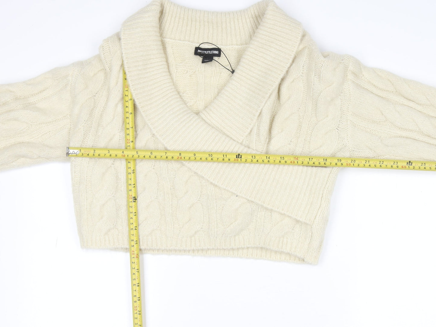 PrettyLittleThing Women's Ivory Cable-Knit V-Neck Pullover Jumper Size L