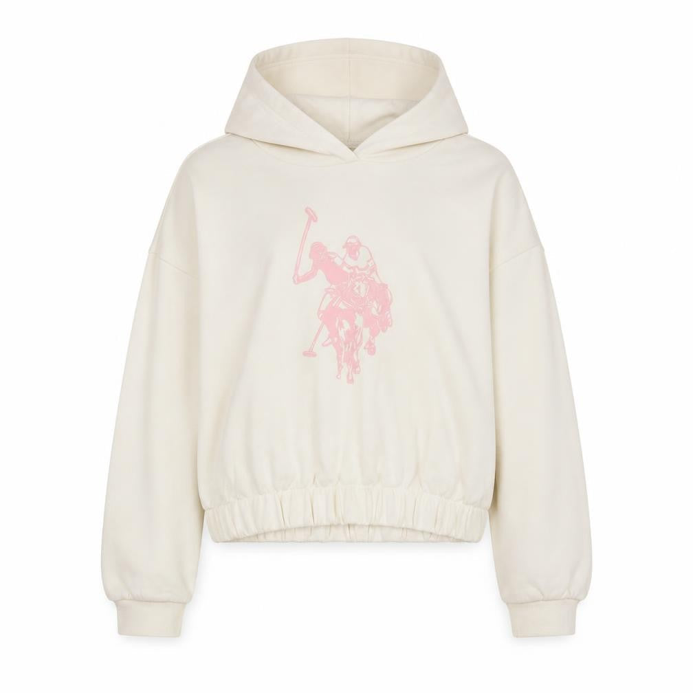 Front view of U.S. Polo Assn. girls’ ivory hoodie 7-8 years pullover cotton blend logo sweatshirt