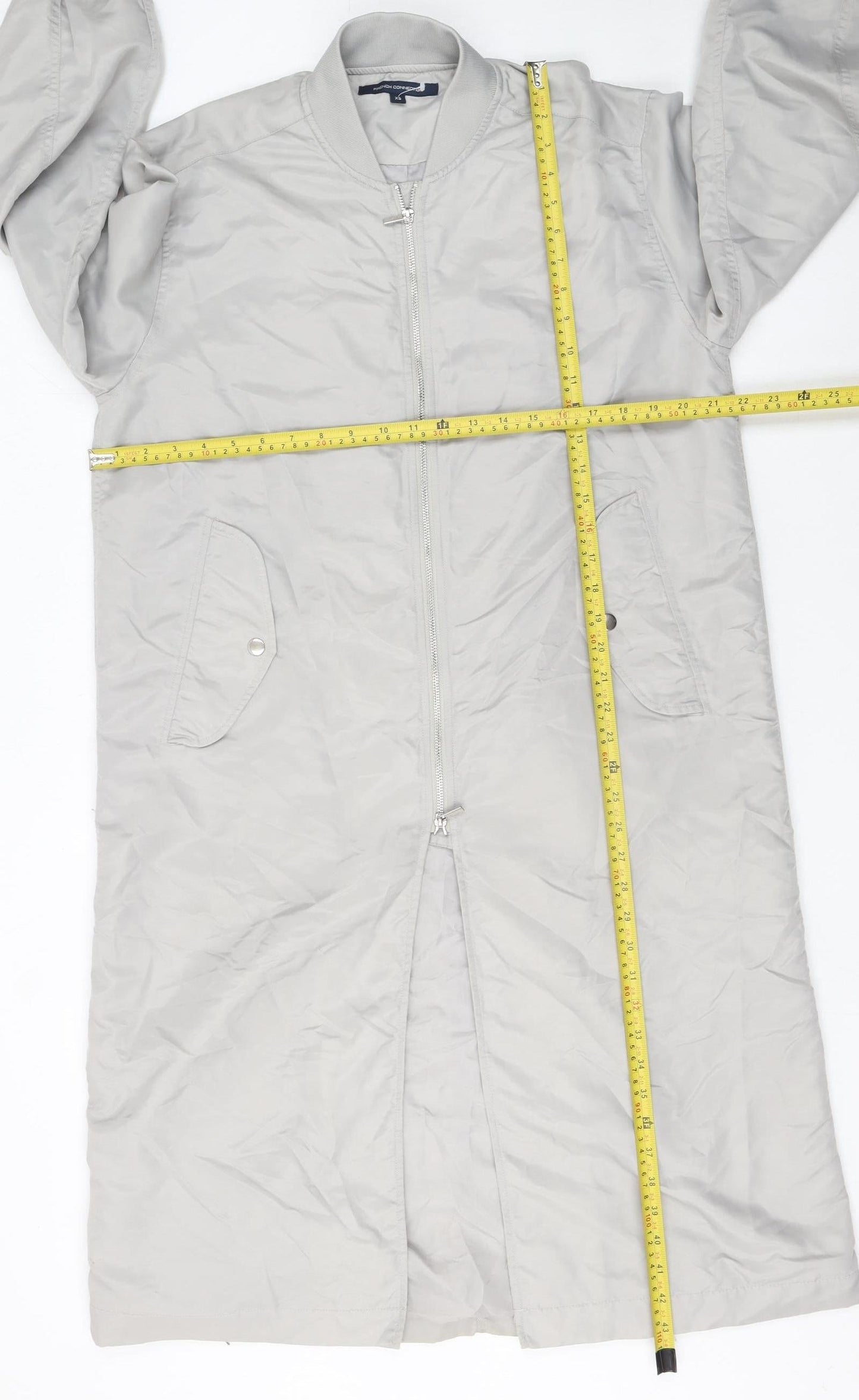 French Connection Women Grey Long Bomber Coat XS Full Zip Lined