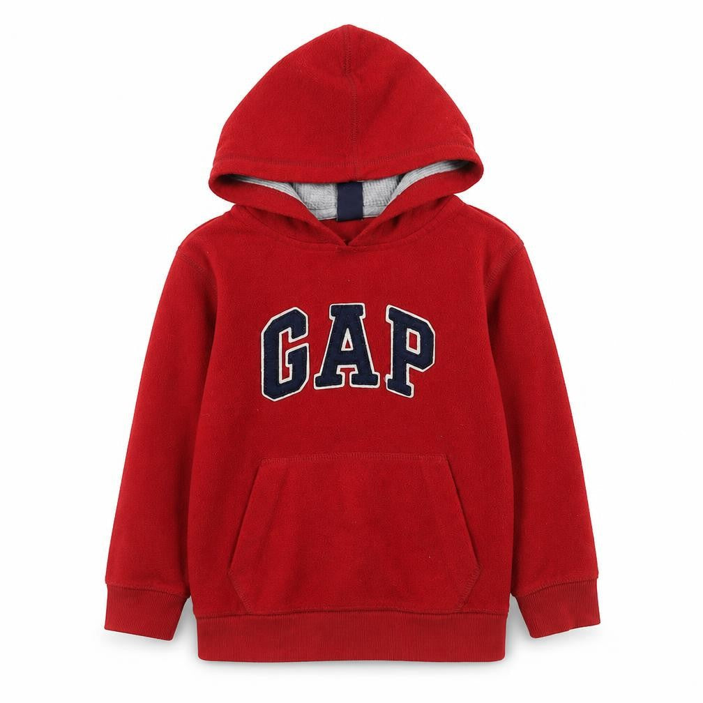 Front view of Gap boys’ red fleece pullover hoodie 6-7 years with logo front